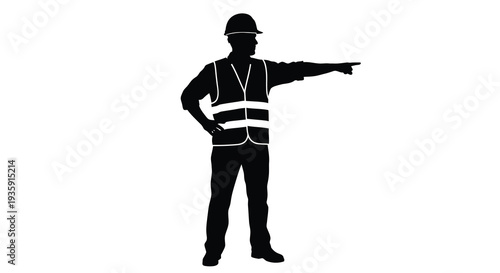A stark black silhouette depicts a construction worker directing with a raised hand and pointing gesture silhouette high quality
