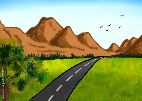 A digital artwork depicts a scenic landscape featuring a long road winding through a grassy field. 