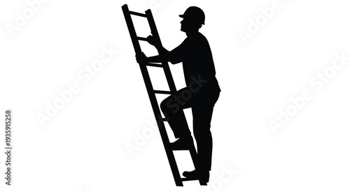 A lone worker is carefully ascending a tall ladder depicted as a striking black silhouette high quality professional detailed