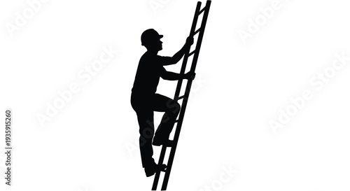 A worker is climbing a tall ladder depicted in a stark black and white visual style silhouette high quality