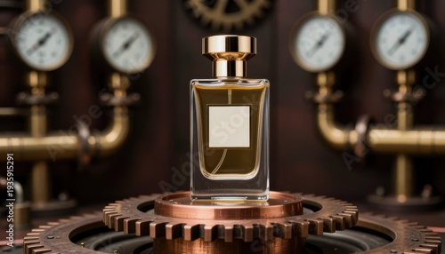 Perfume crafting process industrial workshop product photography vintage steampunk atmosphere close-up angle sensory experience