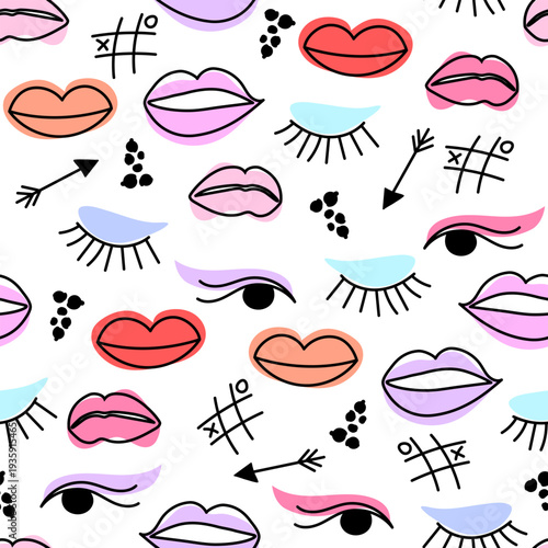 Makeup doodle pattern seamless with lips, eyes, arrows and tic tac toe symbols arranged in colorful layout isolated on white background.