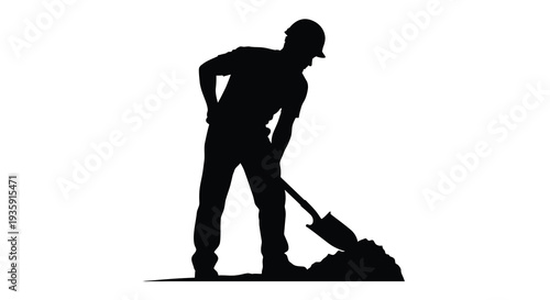 A dark silhouette of a man with a cap and shovel digging in the earth a stark visual representation silhouette