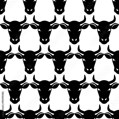 Cow and bull head seamless pattern with black animal silhouettes on white background. Livestock farming, organic beef butcher, cattle ranch, and mascot horn symbol.