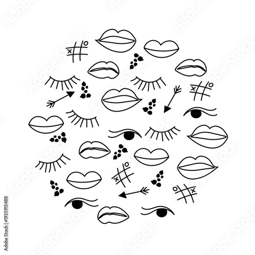 Makeup doodle round decorative monochrome shape, composition with lips, eyes, arrows and tic tac toe isolated on white background.