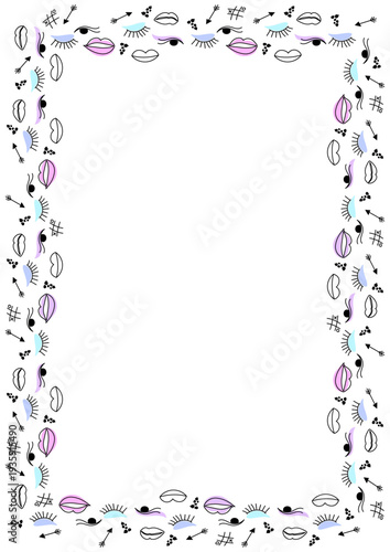 Makeup doodle frame with lips, eyes, arrows and tic tac toe symbols forming square colorful border isolated on white background