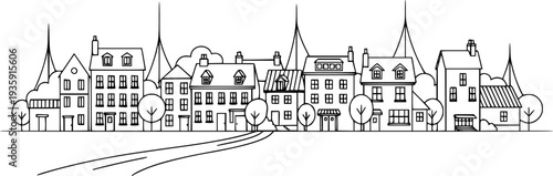 Cityscape line art illustration. Urban landscape in monochrome line art style. Vector illustration.
