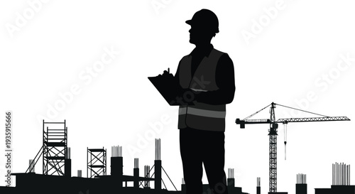 A construction worker reviews plans with a clipboard against a cityscape backdrop depicted in striking silhouette high quality professional
