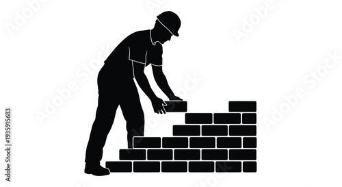 A black silhouette depicts a construction worker carefully placing bricks to build a growing wall silhouette high quality professional