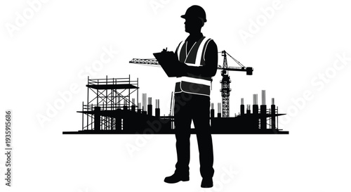 A construction worker stands reviewing plans against a cityscape backdrop rendered as a striking silhouette high quality professional detailed