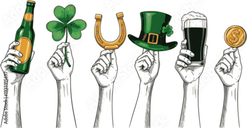 Hands with Lucky Charm and Drinks St. Patrick's Day Set
