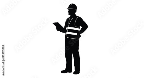 A stark black silhouette depicts a construction worker reviewing documents on a clipboard emphasizing occupational safety silhouette high quality