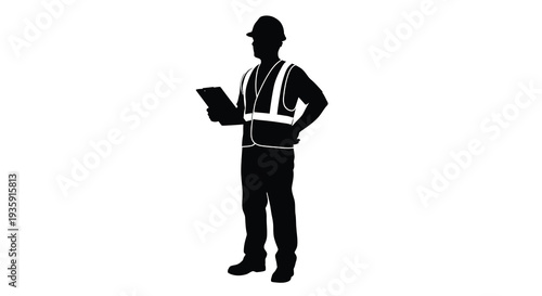 A construction worker stands holding a clipboard appearing as a stark dramatic black shape silhouette high quality professional detailed