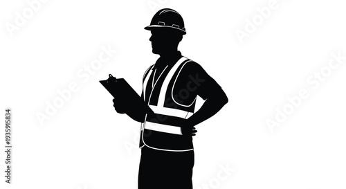 A striking black silhouette depicts a construction worker holding a clipboard showcasing occupational safety and responsibility silhouette high quality