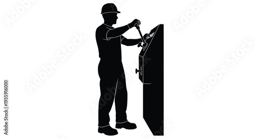 A construction worker operates a jackhammer against a wall depicted in a stark black silhouette high quality professional detailed