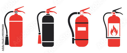 Professional Fire Extinguisher Icon, Bold Red and White Vector Design, Emergency Exit Signage, Fire Safety Instructions, Workplace Hazard Symbol