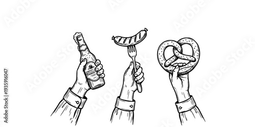 Hands Holding Beer, Pretzel, and Sausage Illustration
