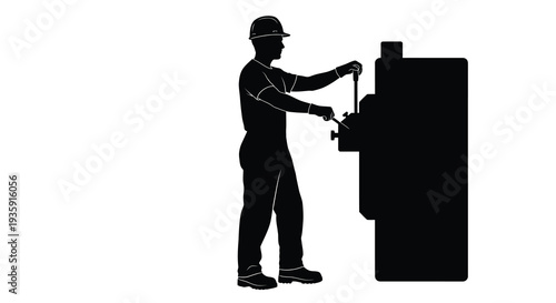 A worker in a hard hat operates machinery depicted in a stark striking black silhouette high quality professional detailed