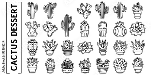 Cactus Desert Succulent Plant Hand Drawn Black Vector Icon Set - Saguaro Prickly Pear Garden Line Art Collection
