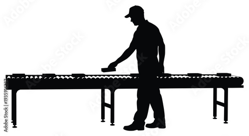 A stark black silhouette of a man operating a conveyor belt in an industrial setting silhouette high quality professional