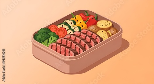 Healthy prepared meal box with sliced steak, vegetables, and potatoes