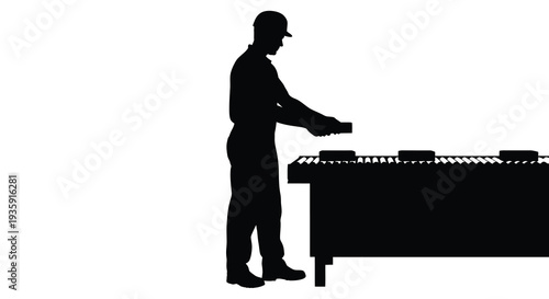 A construction worker stands near a partially built roof carefully arranging shingles in a dark striking silhouette high quality
