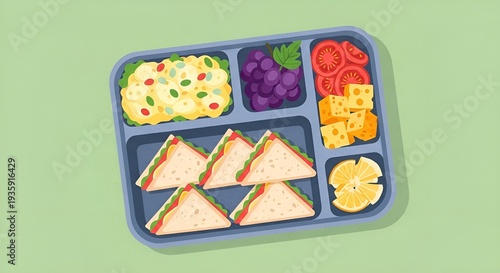 Packed meal in a compartmentalized container with various foods
