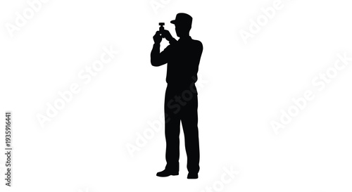 A stark black silhouette of a man operating a vintage camera thoughtfully composing a shot silhouette high quality professional