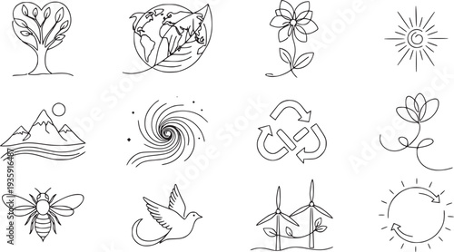 Set of 12 continuous line drawing nature and environment icons vector