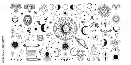 Astrology Zodiac Horoscope Signs Birth Chart Constellation Cosmic Stars Celestial Mystical Vector Icon Set - Aries Taurus Gemini Line Art
