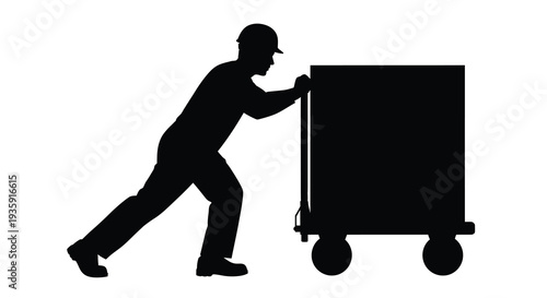 A stark black silhouette depicts a worker pushing a heavy rectangular cart across a white background silhouette high quality
