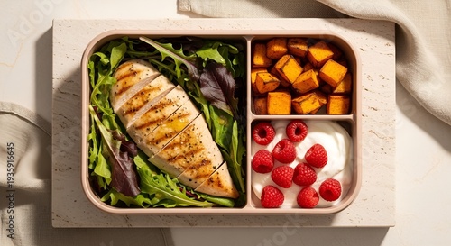 Healthy meal prep with grilled chicken, sweet potatoes, raspberries