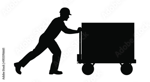 A dark silhouette of a worker pushing a handcart showcasing manual labor and industrial themes silhouette high quality professional