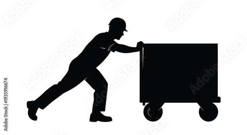 A stark black silhouette depicts a worker pushing a handcart showcasing manual labor and industrial movement silhouette high quality