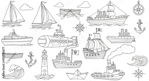 Collection of Nautical Vessels and Maritime Symbols Hand Drawn Sketch.