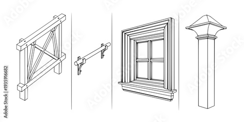 An architectural line drawing showcasing various window designs, featuring a collection of styles including arched tops and standard rectangular shapes