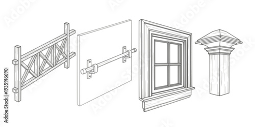 An architectural line drawing showcasing various window designs, featuring a collection of styles including arched tops and standard rectangular shapes