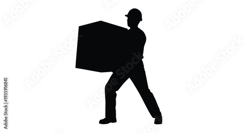 A stark black silhouette depicts a worker carrying a large rectangular box on his shoulder highlighting labor silhouette