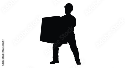A stark black silhouette depicts a person carrying a large cardboard box showcasing a simple impactful image silhouette