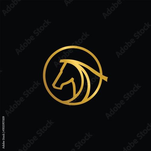 Golden Horse Head Logo Design on Black Background.