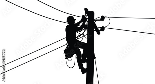 A lineman skillfully ascends a utility pole amidst a network of wires presented as a striking silhouette high quality