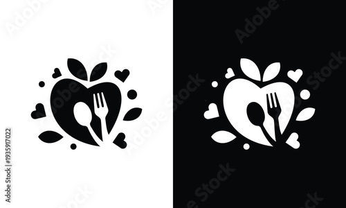 Healthy food logo design with heart shape and cutlery.