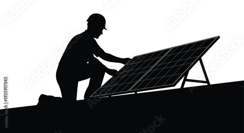 A worker is shown installing a solar panel on a rooftop highlighting renewable energy solutions a striking silhouette high quality