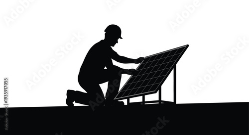 A worker is shown installing or maintaining a solar panel on a rooftop presented as a silhouette high quality