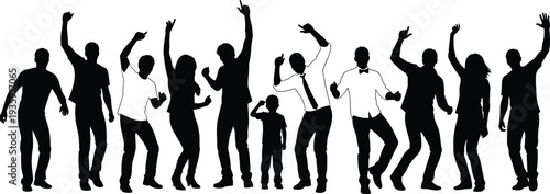Dancing silhouettes group, joyful celebration figures, party crowd illustration, children and adults together, unity concept art, festive design, social interaction graphic