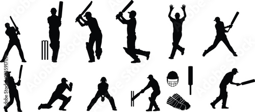 Cricket player silhouettes, batting vector illustration, bowling action art, wicketkeeping design, fielding figures decor, sports equipment icons, black shapes