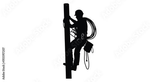 A skilled lineman ascends a utility pole demonstrating expertise and dedication to infrastructure maintenance presented as a silhouette
