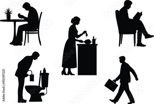 Daily life silhouettes, people icons, household activity vector, business man outline, reading design, cooking graphic, repair illustration, walking person symbol