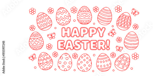 Happy Easter coloring page, festive spring holiday illustration, decorative eggs and flowers, butterfly doodle design, children activity template, celebration art