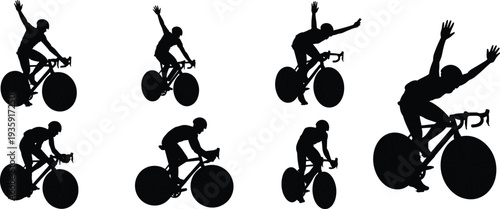 Cycling silhouette collection, dynamic bicycle poses, rider motion sequence, arms raised celebration, athletic exertion illustration, sports activity inspiration showcase